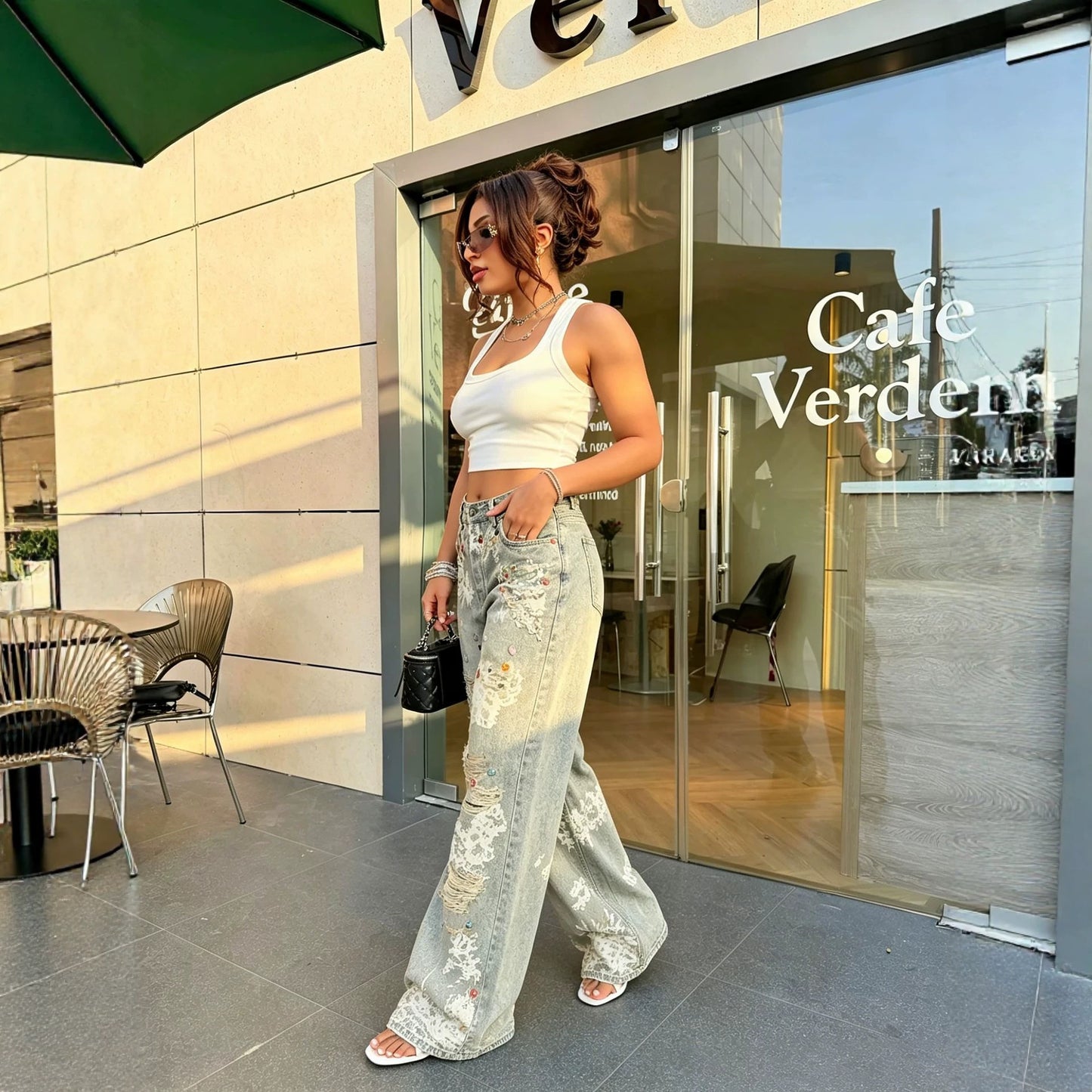 Jeans straight print 3D efecto ripped
