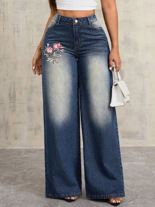 Jeans wide leg bordado floral