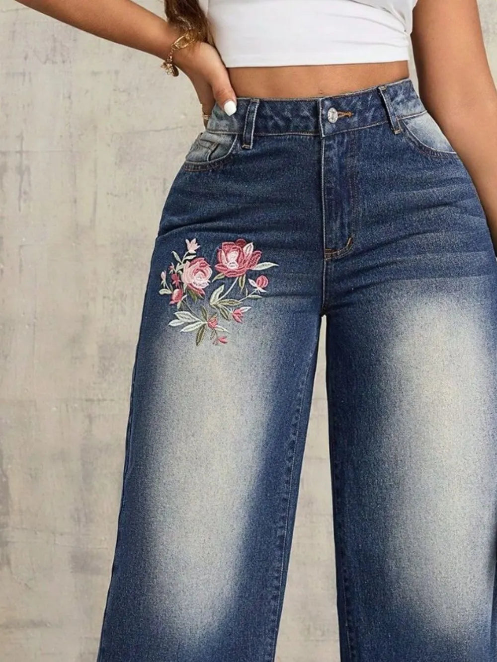 Jeans wide leg bordado floral