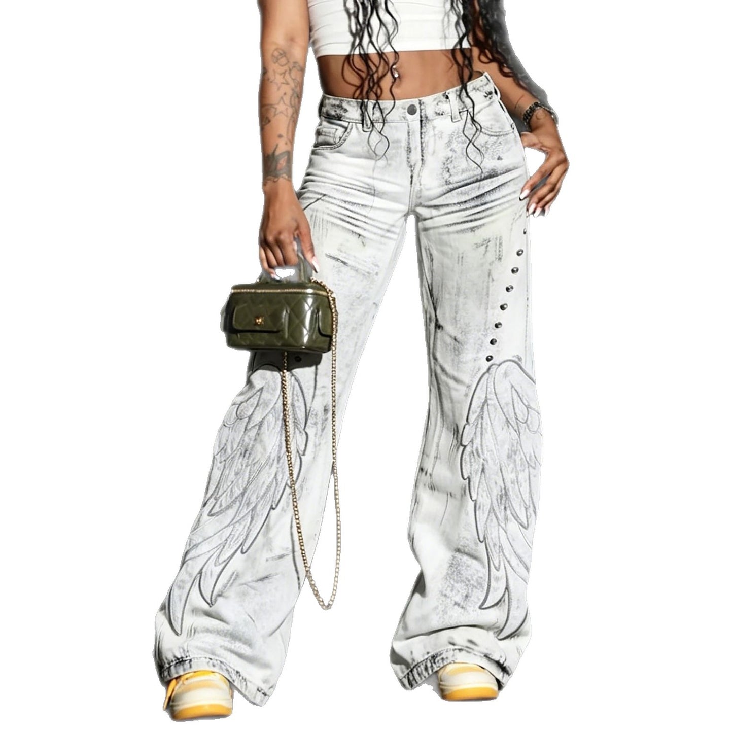 Jeans baggy con alas bordadas