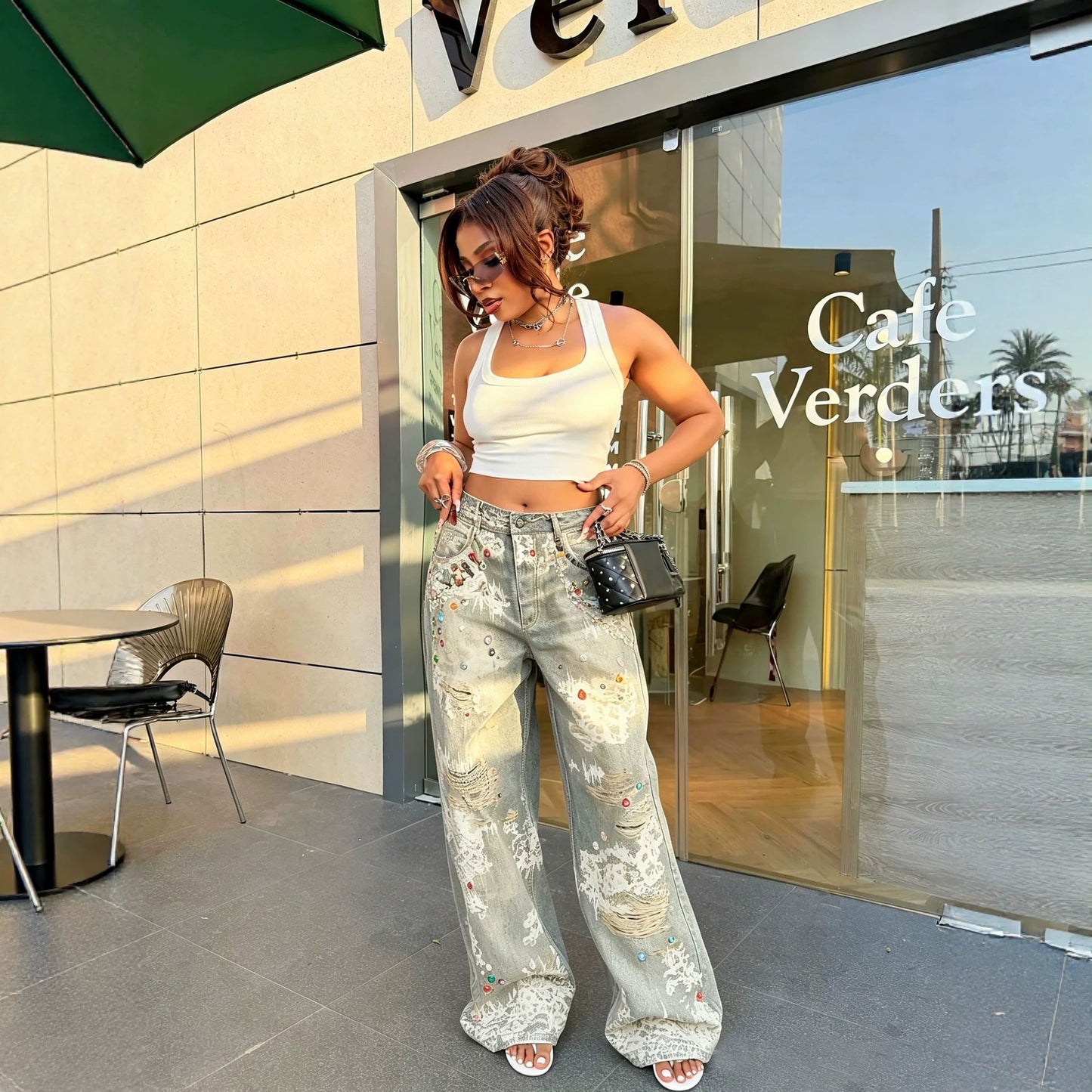 Jeans straight print 3D efecto ripped